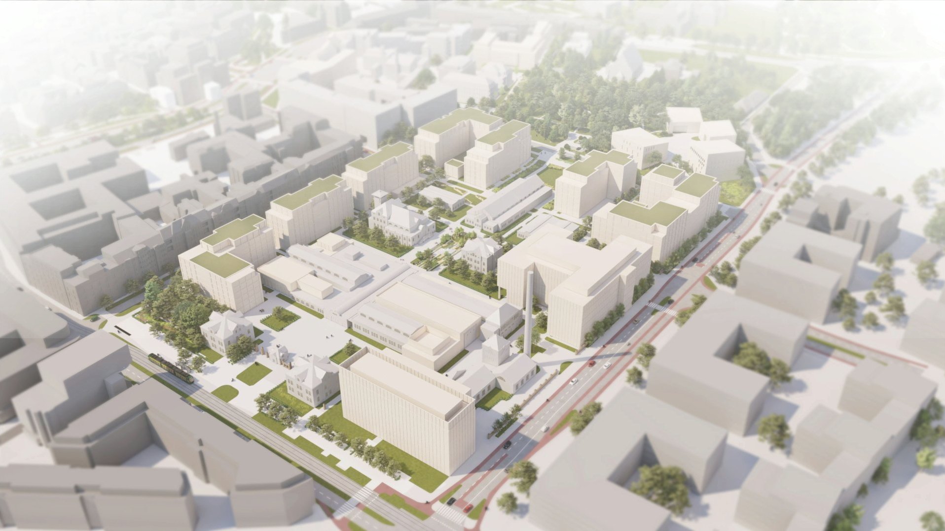 model 3D. Wizualizacja przedstawia bryły istniejącej i projektowanej zabudowy. Kolorem zielonym podkreślono tereny zieleni i drzewa.