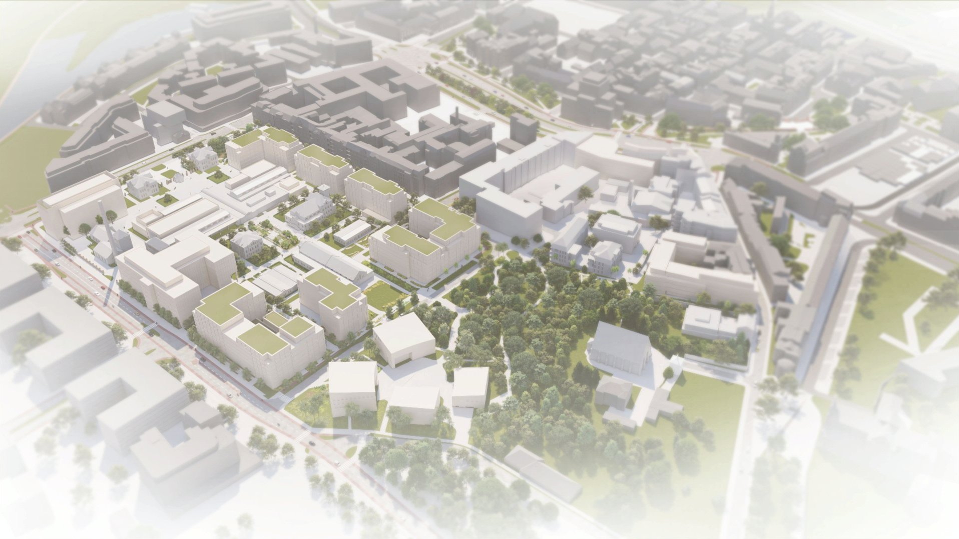 model 3D. Wizualizacja przedstawia bryły istniejącej i projektowanej zabudowy. Kolorem zielonym podkreślono tereny zieleni i drzewa.