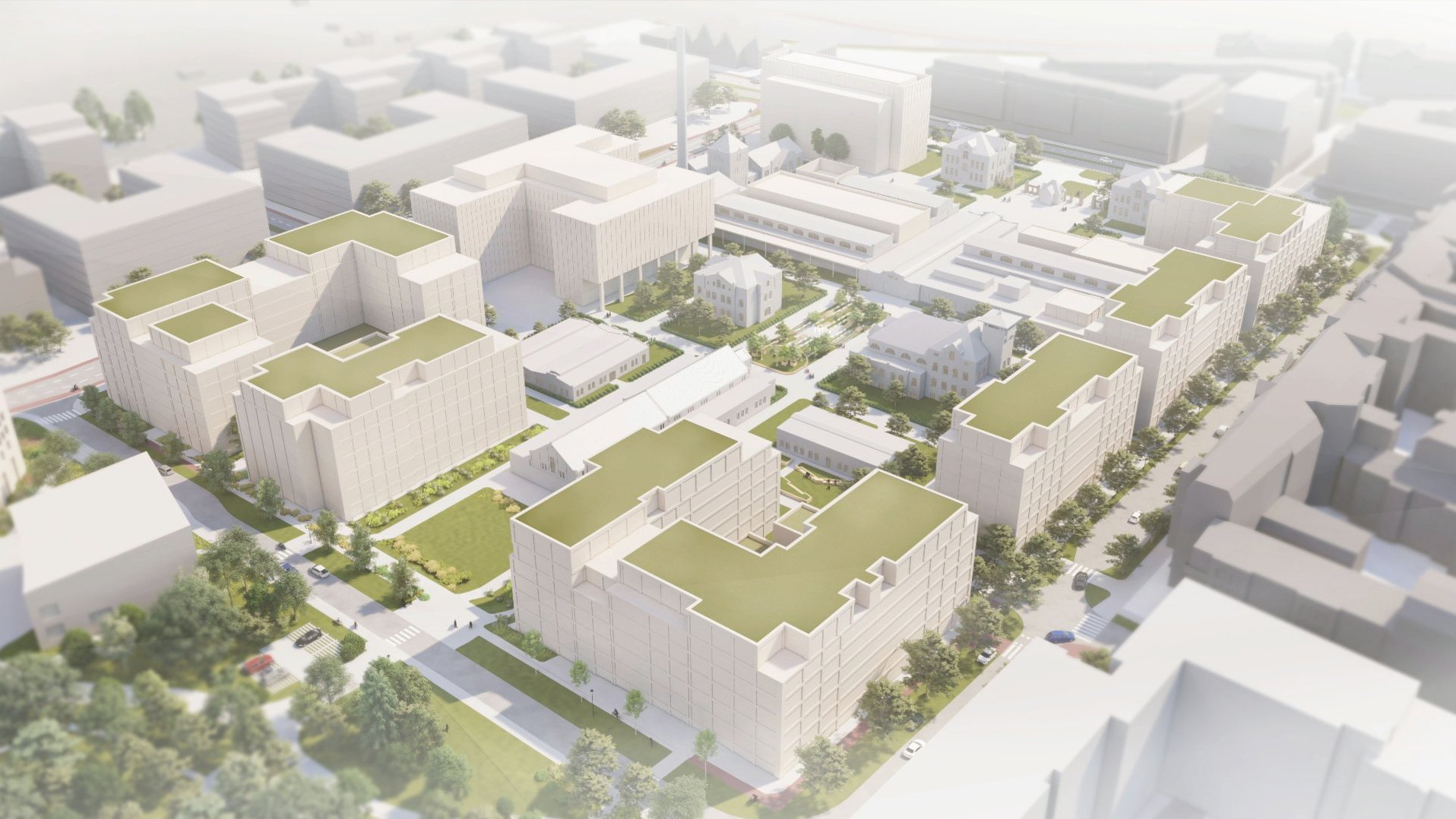 model 3D. Wizualizacja przedstawia bryły istniejącej i projektowanej zabudowy. Kolorem zielonym podkreślono tereny zieleni i drzewa.