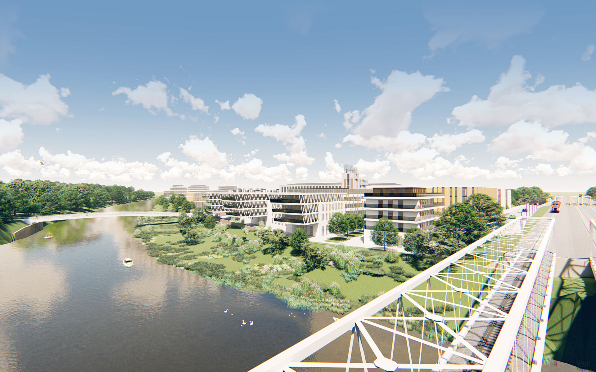 Model terenu - widok z mostu kolejowego na rzekę Warta i projektowane nowe budynki przy budynku Elektrociepłowni Garbary. W oddali projektowana kładka pieszo-rowerowa nad rzeką.