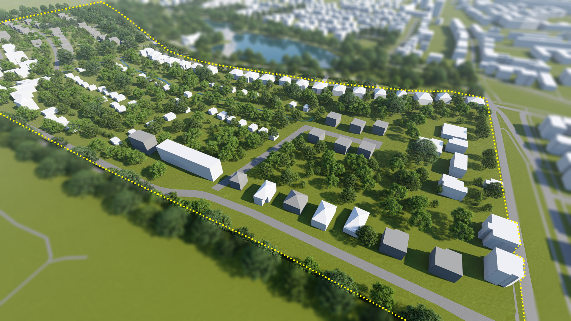 Wizualizacja. Propozycja zagospodarowania terenu wg projektu planu miejscowego. Model terenu przedstawiający Park Sołacki z projektowanymi skwerami, istniejące i projektowane budynki oraz układ komunikacyjny.