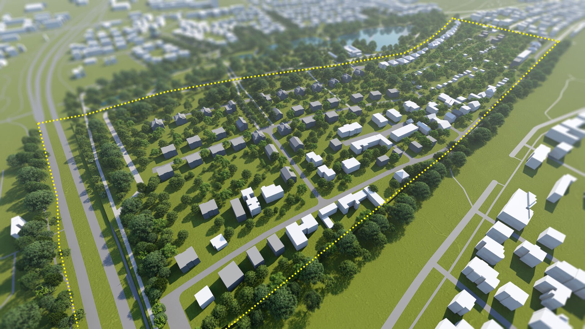 Wizualizacja. Propozycja zagospodarowania terenu wg projektu planu miejscowego. Model terenu przedstawiający Park Sołacki z projektowanymi skwerami, istniejące i projektowane budynki oraz układ komunikacyjny.