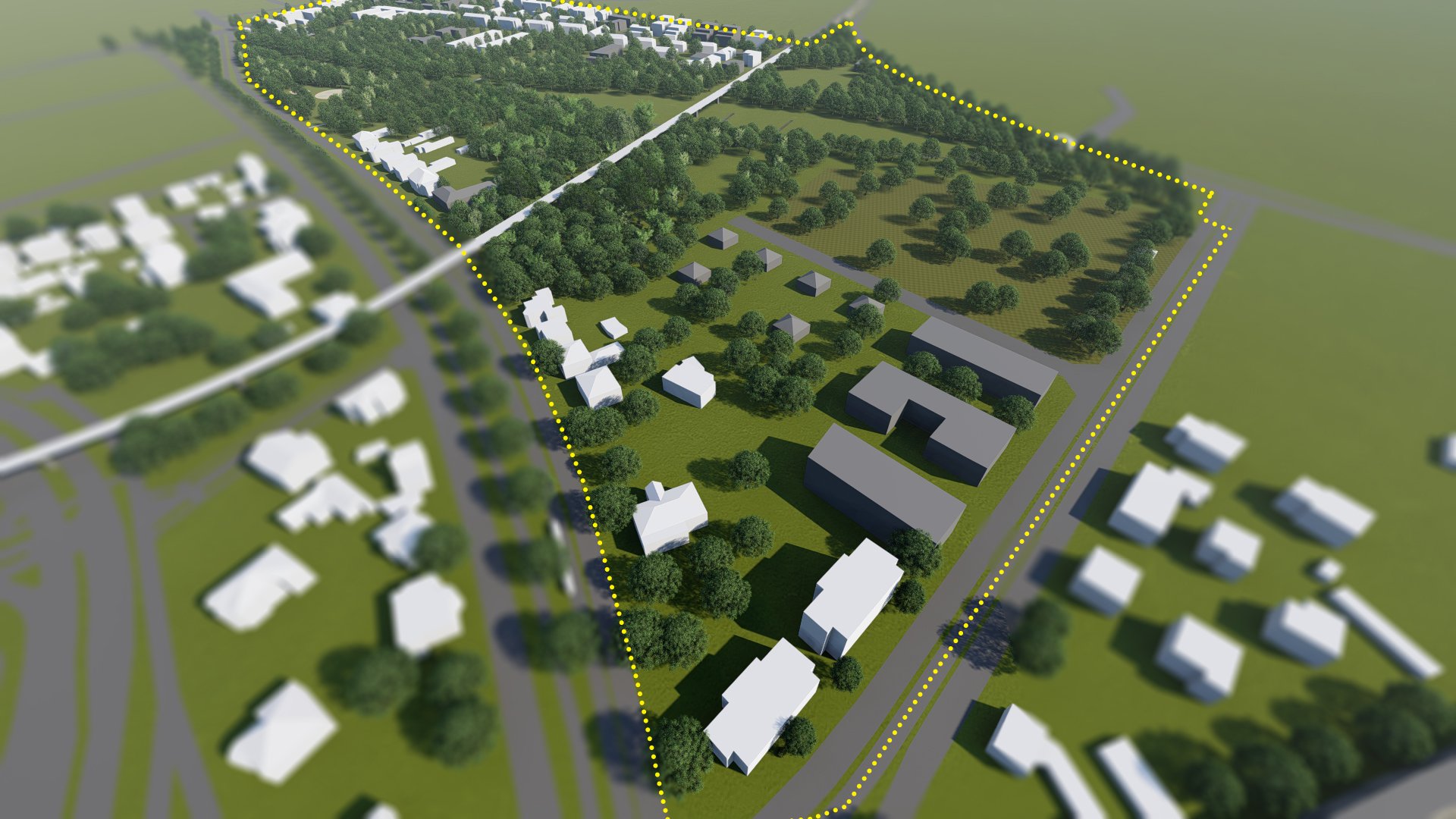 Wizualizacja. Propozycja zagospodarowania terenu wg projektu planu miejscowego. Model terenu przedstawiający Park im. Adama Wodziczki z projektowanymi terenami zieleni, istniejące i projektowane budynki oraz układ komunikacyjny.