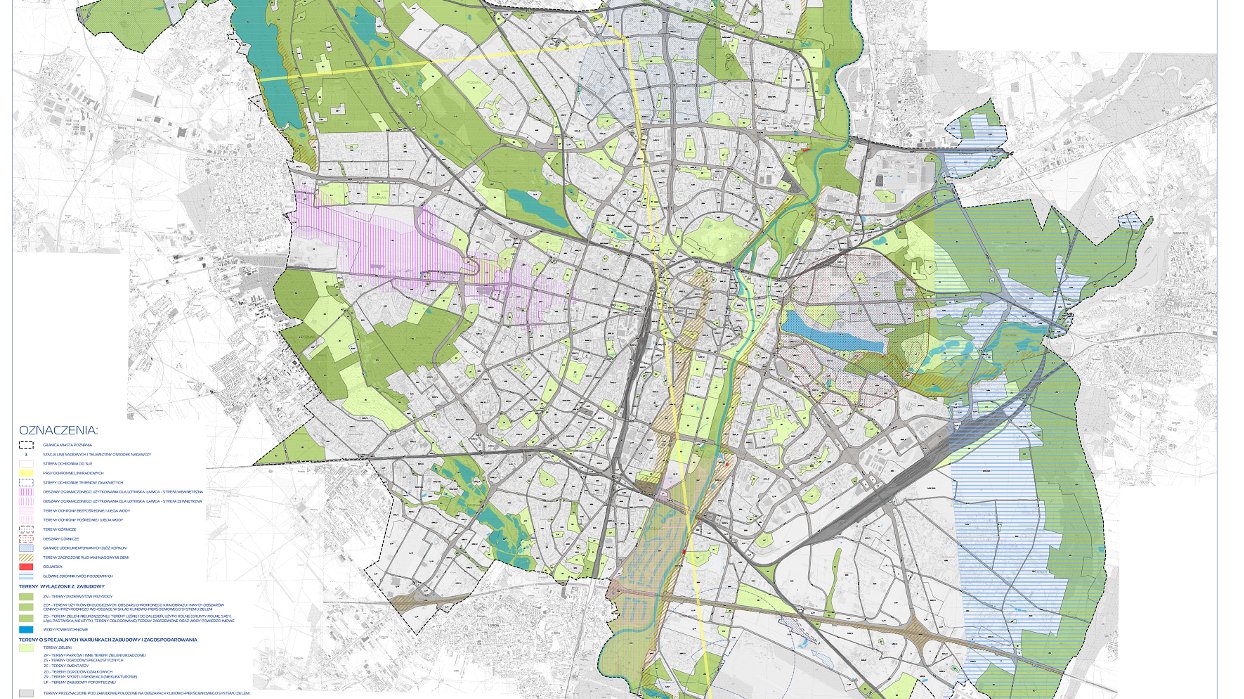 Miniatura załącznika nr 2B do Studium uwarunkowań i kierunków zagospodarowania przestrzennego miasta Poznania. Mapa poprzez różne oznaczenia przedstawia kierunki rozwoju przestrzennego miasta Poznania.