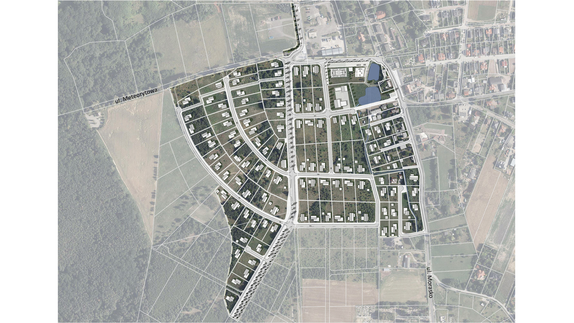 Propozycja zagospodarowania terenu wg mpzp. Widok z góry. Mapa z granicą projektu planu. Białym kolorem przedstawiono nową zabudowę, wraz z podziałem działek geodezyjnych na podkładzie z ortofotomapy.