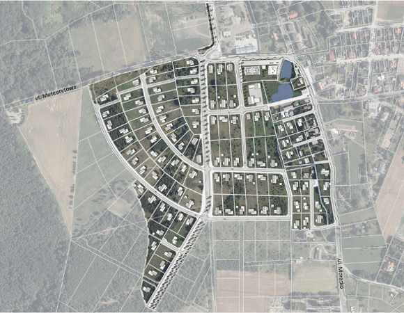 Widok z góry. Mapa z granicą projektu planu. Białym kolorem przedstawiono nową zabudowę, wraz z podziałem działek geodezyjnych na podkładzie z ortofotomapy.