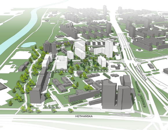 Widok z góry na model 3D obszaru objętego planem. Szare bryły przedstawiają istniejącą zabudowę, kolorem białym wyróżniono planowane budynki. Kolorem zielonym wyróżniono tereny zieleni i drzewa. Na dole napis wzduż ulic: Hetmańska, z prawe strony napis: Zamenhofa.