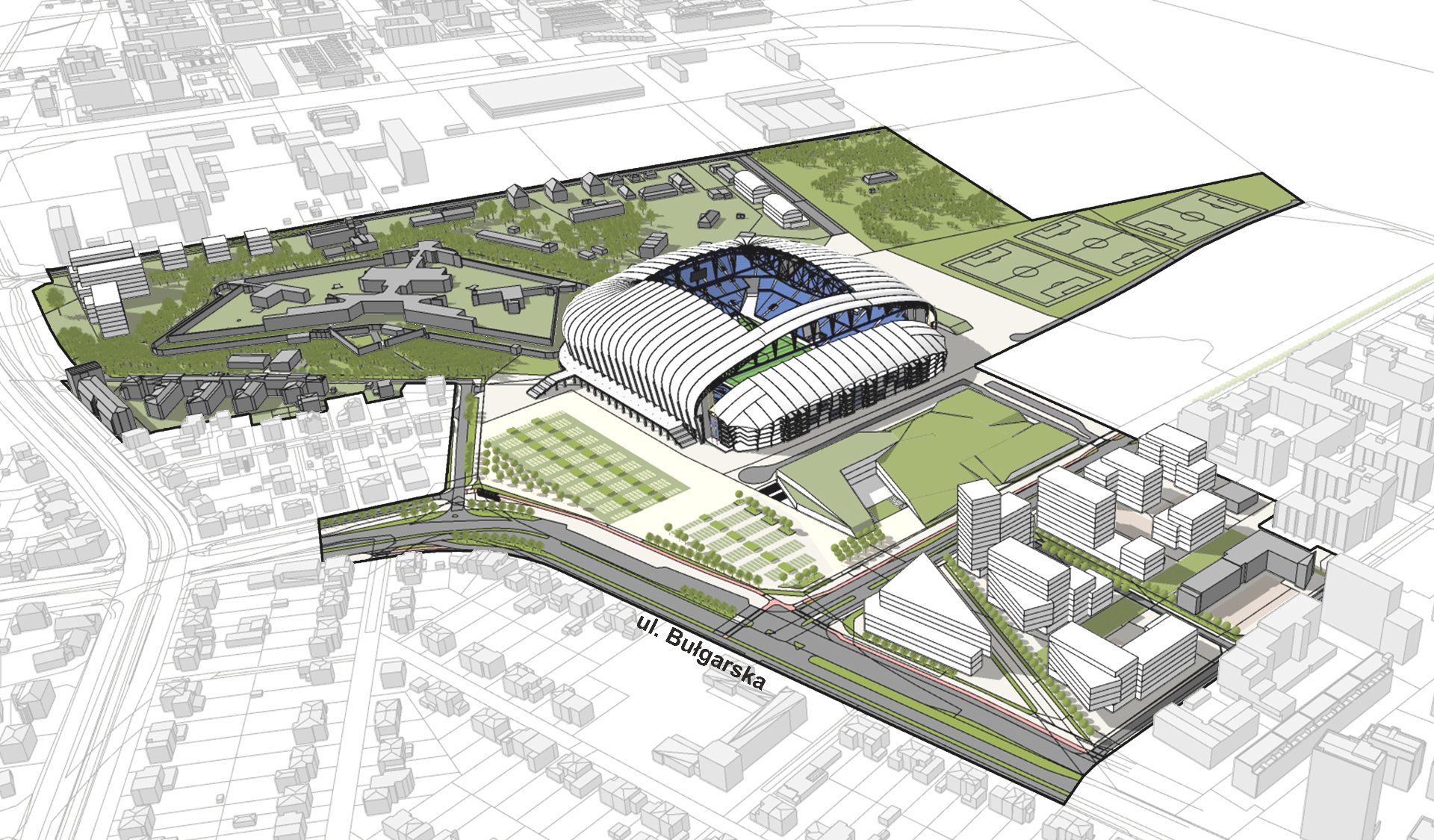 Wizualizacja 3D. propozycja zagosporarowania terenu wg projektu mpzp