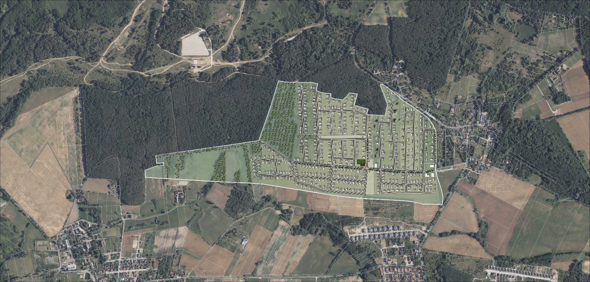 Wizualizacja 3D. Propozycja zagosporarowania terenu wg projektu mpzp na tle ortofotomapy.