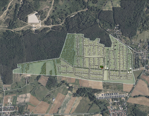 Wizualizacja 3D. Propozycja zagosporarowania terenu wg projektu mpzp na tle ortofotomapy.