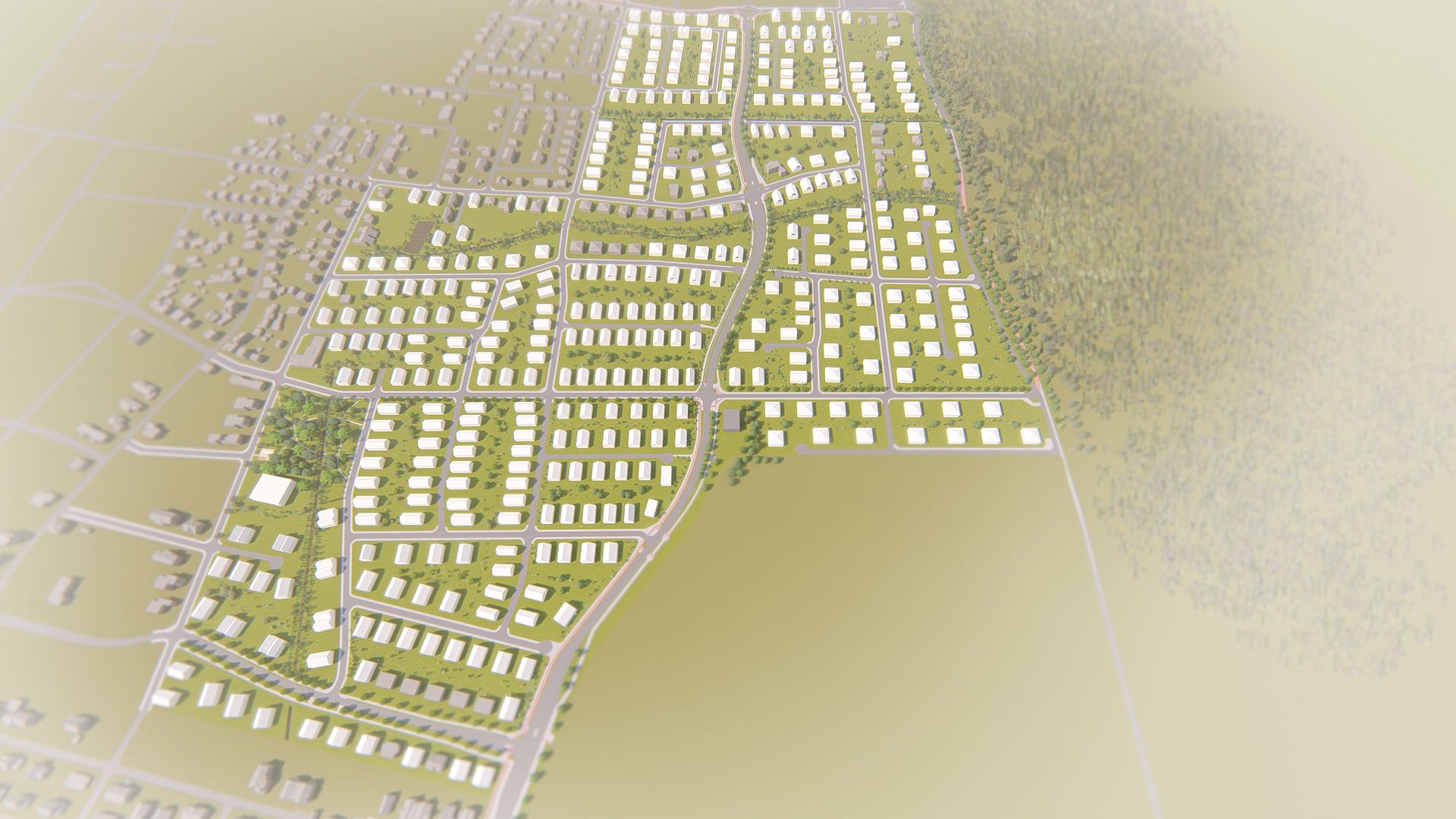 Grafika ukazująca przykładowe zagospodarowanie terenu: schematyczne ukazanie zabudowy oraz dróg i terenów zieleni (kolor)